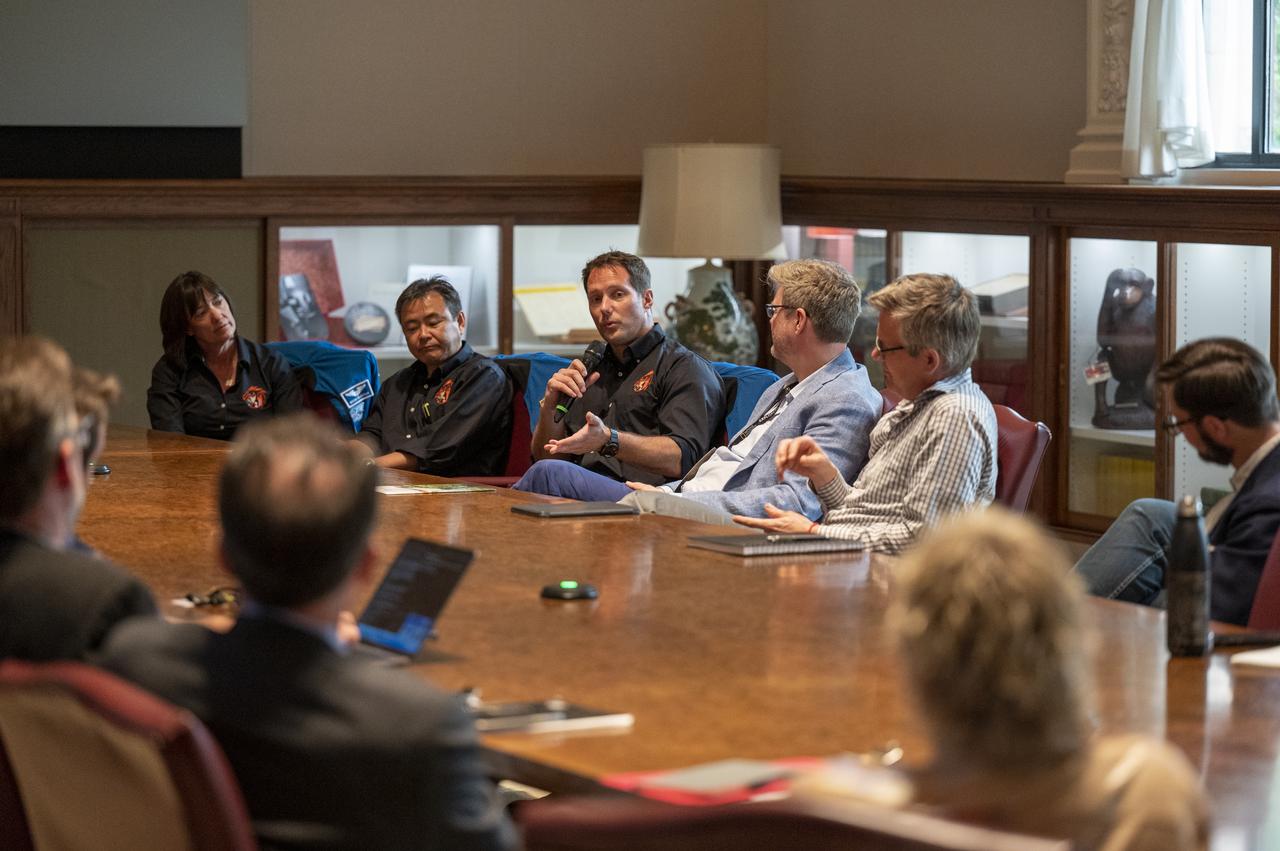 NASA’s SpaceX Crew-2 ESA (European Space Agency) astronaut Thomas Pesquet speaks during a meeting with National Geographic leadership and staff Tuesday, June 7, 2022, at National Geographic Headquarters in Washington. Kimbrough, McArthur, Hoshide, and Pesquet completed the second crew rotation mission to the International Space Station as part of the agency’s Commercial Crew Program and spent 198 days aboard the orbiting laboratory as part of Expeditions 65 and 66. Photo Credit: (NASA/Keegan Barber)