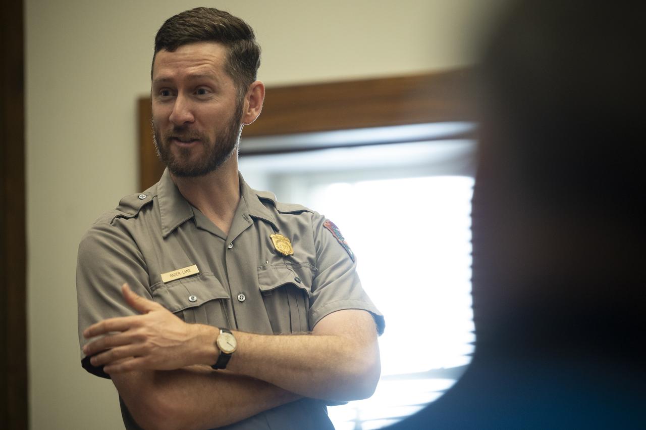 Park ranger Rader Lane speaks on the National Park Service’s astronomy and dark sky programs at Grand Canyon National Park during a visit by NASA’s SpaceX Crew-2 astronauts Megan McArthur and Shane Kimbrough of NASA, and Akihiko Hoshide of the Japan Aerospace Exploration Agency (JAXA), Thursday, June 9, 2022 at the U.S. Department of the Interior in Washington, DC. Kimbrough, McArthur, Hoshide, and ESA (European Space Agency) astronaut Thomas Pesquet completed the second crew rotation mission to the International Space Station as part of the agency’s Commercial Crew Program and spent 198 days aboard the orbiting laboratory as part of Expeditions 65 and 66.  Photo Credit: (NASA/Joel Kowsky)