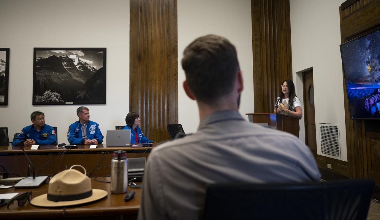 Shannon Estenoz, Assistant Secretary for Fish and Wildlife and Parks at the Department of the Interior, delivers remarks during a visit by NASA’s SpaceX Crew-2 astronauts with leadership and rangers who participate in the National Park Service’s astronomy and dark sky programs, Thursday, June 9, 2022 at the U.S. Department of the Interior in Washington, DC. NASA astronauts Shane Kimbrough and Megan McArthur, Japan Aerospace Exploration Agency (JAXA) astronaut Akihiko Hoshide, and ESA (European Space Agency) astronaut Thomas Pesquet completed the second crew rotation mission to the International Space Station as part of the agency’s Commercial Crew Program and spent 198 days aboard the orbiting laboratory as part of Expeditions 65 and 66.  Photo Credit: (NASA/Joel Kowsky)