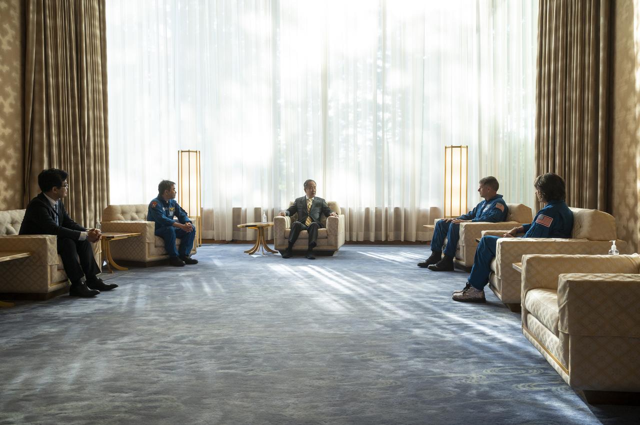 Koji Tomita, Japan's Ambassador to the US, center, speaks with NASA’s SpaceX Crew-2 astronauts Akihiko Hoshide of the Japan Aerospace Exploration Agency (JAXA), second from left, and NASA astronauts Shane Kimbrough, second from right, and Megan McArthur, Thursday, June 9, 2022, at the Japanese Ambassador’s Residence in Washington, DC. Kimbrough, McArthur, Hoshide, and ESA (European Space Agency) astronaut Thomas Pesquet completed the second crew rotation mission to the International Space Station as part of the agency’s Commercial Crew Program and spent 198 days aboard the orbiting laboratory as part of Expeditions 65 and 66. Photo Credit: (NASA/Joel Kowsky)