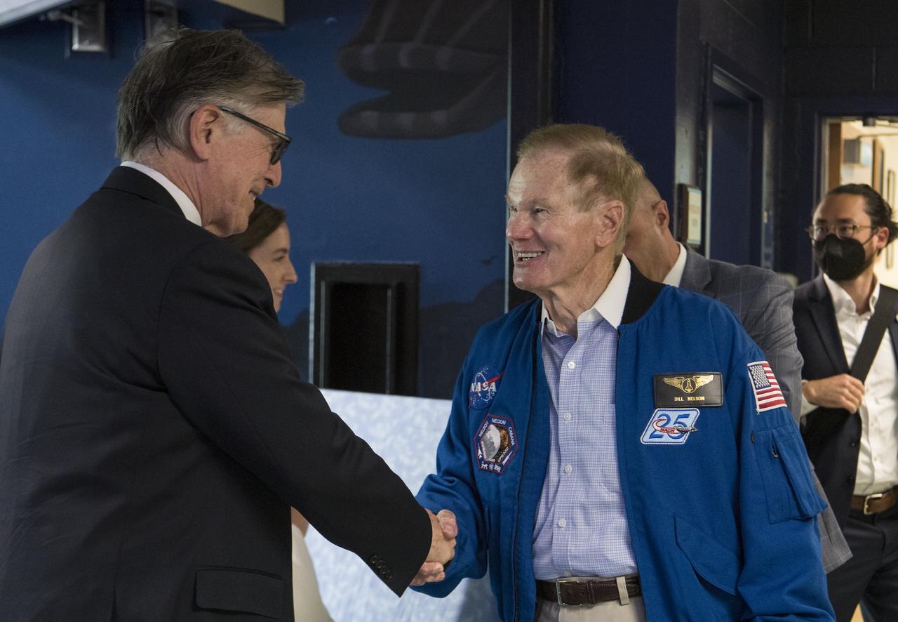U.S. Rep. Don Beyer, D-Va., left, greets NASA Administrator Bill Nelson and NASA’s SpaceX Crew-2 NASA astronauts Megan McArthur and Shane Kimbrough, and Japan Aerospace Exploration Agency (JAXA) astronaut Akihiko Hoshide, during a visit to Arlington Science Focus Elementary School, Friday, June 10, 2022, in Arlington, Virginia. Photo Credit: (NASA/Aubrey Gemignani)