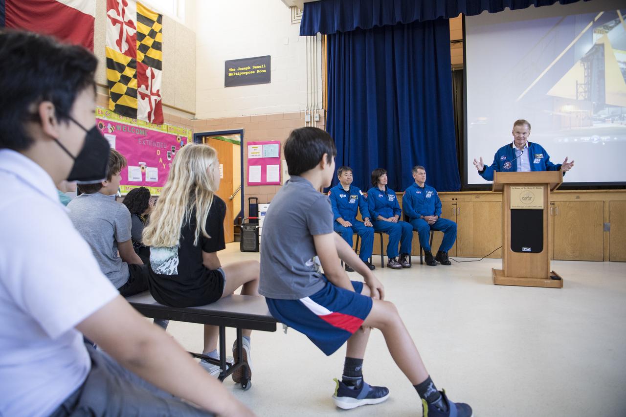 NASA Administrator Bill Nelson introduces NASA’s SpaceX Crew-2 NASA astronauts Shane Kimbrough and Megan McArthur, and Japan Aerospace Exploration Agency (JAXA) astronaut Akihiko Hoshide, during a visit to Arlington Science Focus Elementary School, Friday, June 10, 2022, in Arlington, Virginia. Photo Credit: (NASA/Aubrey Gemignani)