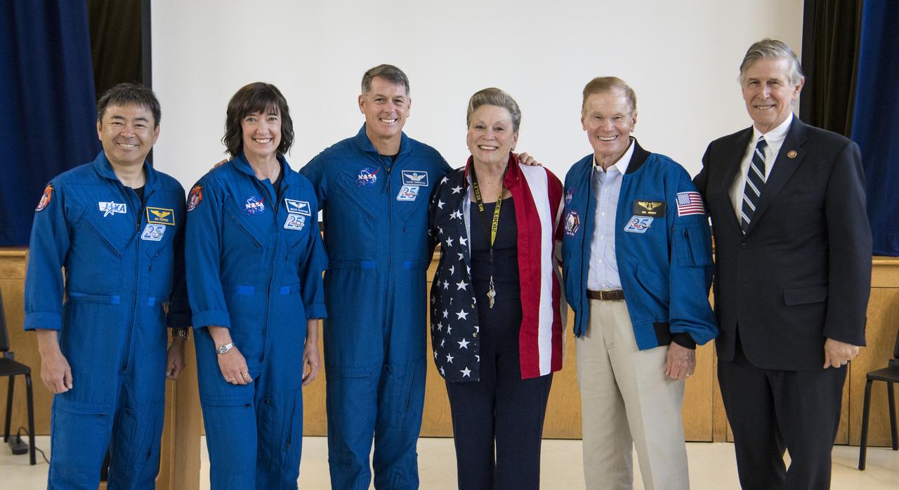 From left to right, NASA’s SpaceX Crew-2 Japan Aerospace Exploration Agency (JAXA) astronaut Akihiko Hoshide, NASA astronauts Megan McArthur and Shane Kimbrough, Principal of Arlington Science Focus Elementary School, Mary Begley, NASA Administrator Bill Nelson, and U.S. Rep. Don Beyer, D-Va. pose for a photo during a visit to Arlington Science Focus Elementary School, Friday, June 10, 2022, in Arlington, Virginia. Photo Credit: (NASA/Aubrey Gemignani)