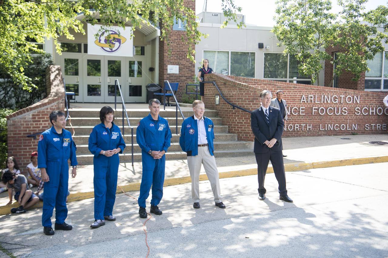 From left to right, NASA’s SpaceX Crew-2 Japan Aerospace Exploration Agency (JAXA) astronaut Akihiko Hoshide, NASA astronauts Megan McArthur and Shane Kimbrough, NASA Administrator Bill Nelson, and U.S. Rep. Don Beyer, D-Va. are seen outside of Arlington Science Focus Elementary School at the conclusion of a visit to the school, Friday, June 10, 2022, in Arlington, Virginia. Photo Credit: (NASA/Aubrey Gemignani)