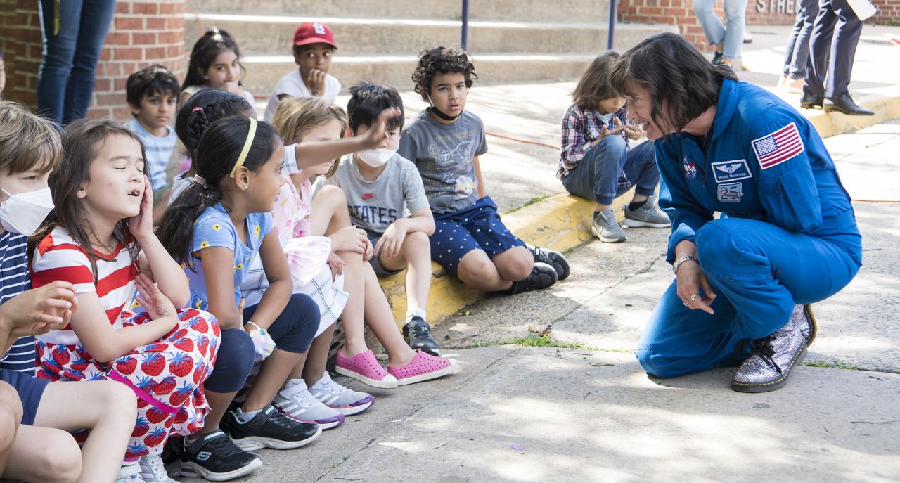 NASA’s SpaceX Crew-2 NASA astronaut Megan McArthur speaks to students during a visit to Arlington Science Focus Elementary School, Friday, June 10, 2022, in Arlington, Virginia. Photo Credit: (NASA/Aubrey Gemignani)