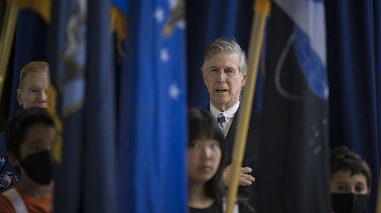 NASA Administrator Bill Nelson and U.S. Rep. Don Beyer, D-Va. sing the national anthem during opening ceremonies of a visit to Arlington Science Focus Elementary School, Friday, June 10, 2022, in Arlington, Virginia. Photo Credit: (NASA/Aubrey Gemignani)