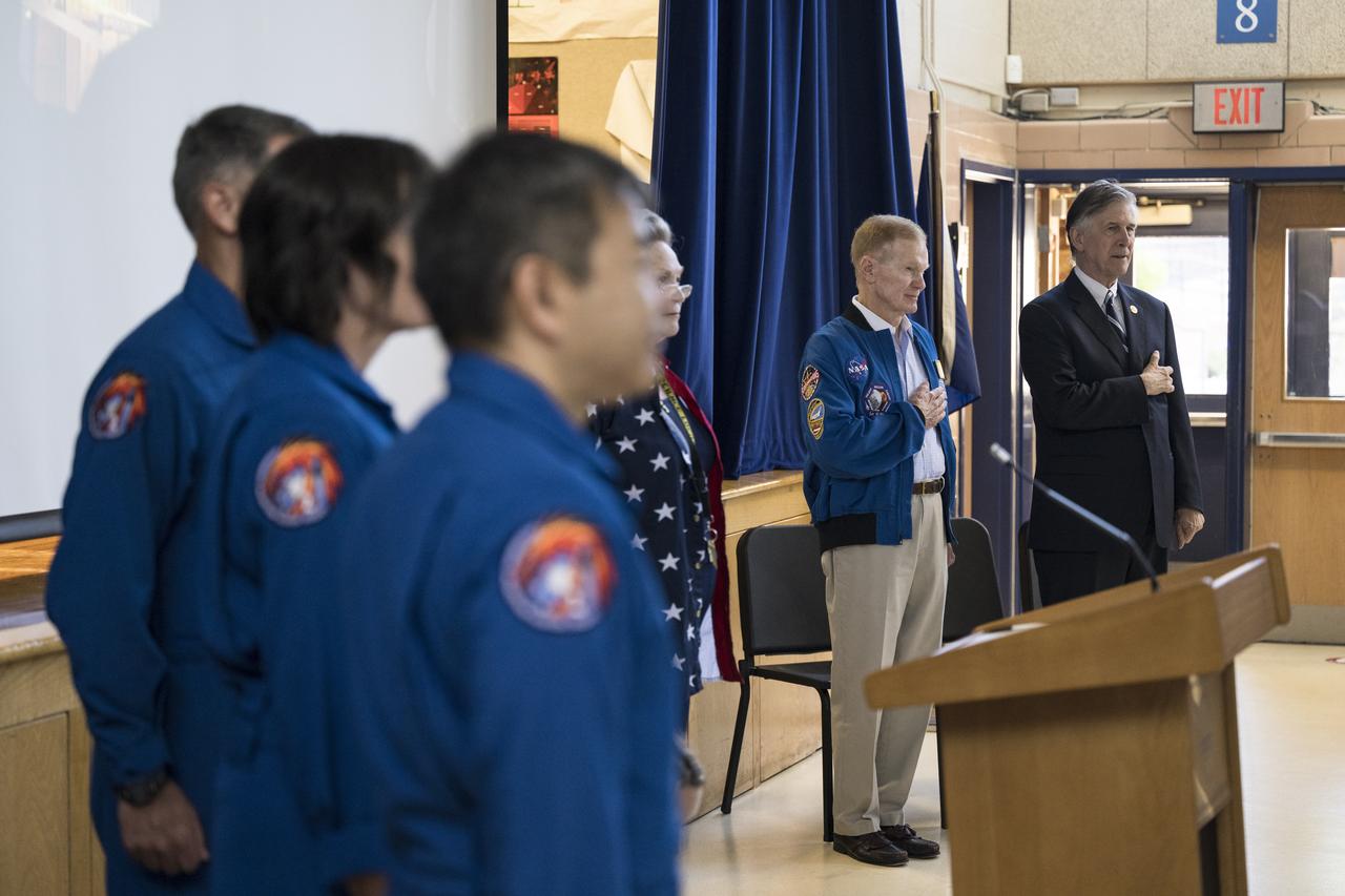 NASA Administrator Bill Nelson, second from right, and U.S. Rep. Don Beyer, D-Va., right, and NASA’s SpaceX Crew-2 NASA astronauts Megan McArthur and Shane Kimbrough, Japan Aerospace Exploration Agency (JAXA) astronaut Akihiko Hoshide, sing the national anthem during opening ceremonies of a visit to Arlington Science Focus Elementary School, Friday, June 10, 2022, in Arlington, Virginia. Photo Credit: (NASA/Aubrey Gemignani)