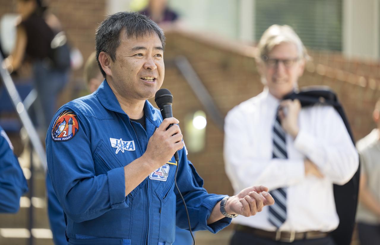 NASA’s SpaceX Crew-2 Japan Aerospace Exploration Agency (JAXA) astronaut Akihiko Hoshide answers a question at the conclusion of a visit to Arlington Science Focus Elementary School with crew mates NASA astronauts Megan McArthur and Shane Kimbrough, Friday, June 10, 2022, in Arlington, Virginia. Photo Credit: (NASA/Aubrey Gemignani)
