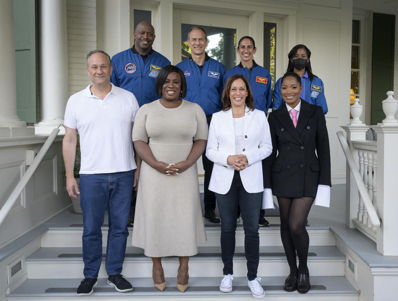 Vice President Kamala Harris and Second Gentleman Doug Emhoff pose for a group photo with Former NASA astronaut Leland Melvin, back left, NASA astronauts Tom Marshburn, Jasmin Moghbeli, and Stephanie Wilson, back right, along with American actress Uzo Aduba, and American actress Keke Palmer, bottom right, after they met with students from 4th-8th grade to work hands-on STEM activities on the grounds of the Vice President's residence at the Naval Observatory, Friday, June 17, 2022, in Washington. The Vice President and Second Gentleman hosted an evening of NASA STEM activities at the Naval Observatory for military families and local STEM students and their families, including a special screening of Disney Pixar’s Lightyear. Photo Credit: (NASA/Bill Ingalls)