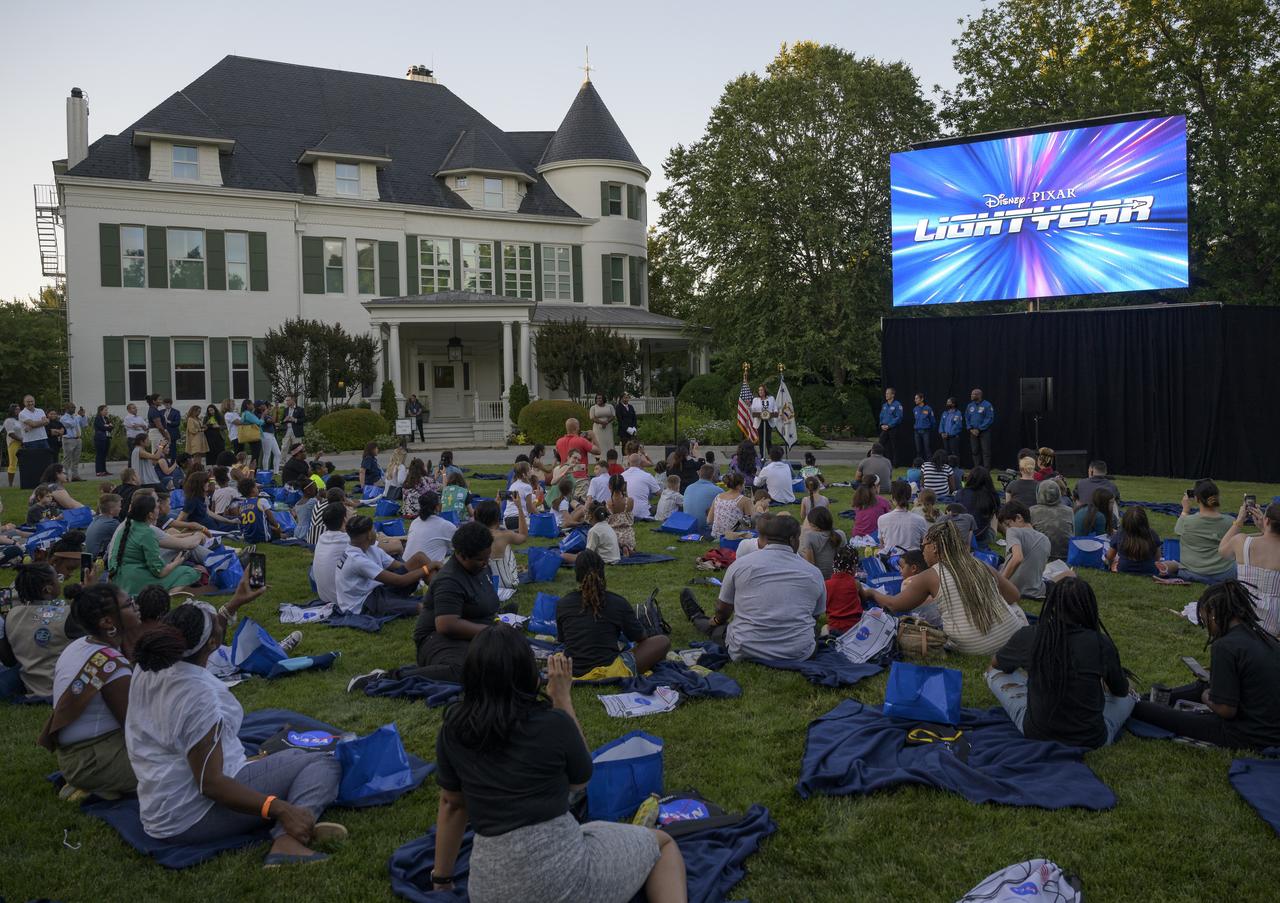 Vice President Kamala Harris gives remarks prior to the screening of the movie Lightyear on the grounds of the Vice President's residence at the Naval Observatory, Friday, June 17, 2022, in Washington. The Vice President and Second Gentleman hosted an evening of NASA STEM activities at the Naval Observatory for military families and local STEM students and their families, including a special screening of Disney Pixar’s Lightyear. Photo Credit: (NASA/Bill Ingalls)