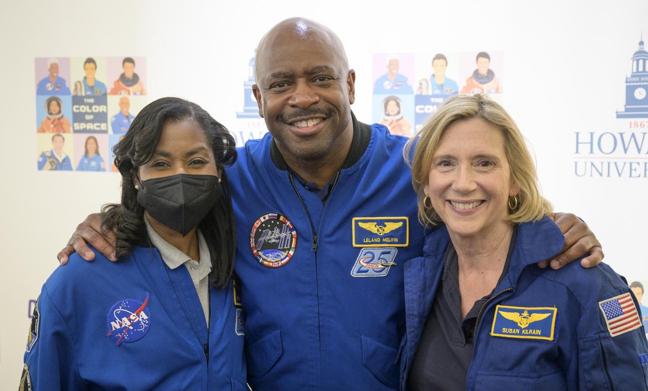 NASA astronaut Stephanie Wilson, left, and former NASA astronauts Leland Melvin and Susan Kilrain pose for a photograph prior to the screening of the NASA produced documentary “The Color of Space” at Howard University’s Cramton Auditorium in Washington, Saturday, June 18, 2022. Premiering on Juneteenth, the federal holiday commemorating the end of slavery in the United States, “The Color of Space” is an inspirational documentary that tells the stories of NASA’s Black astronauts determined to reach the stars. Photo Credit: (NASA/Bill Ingalls)