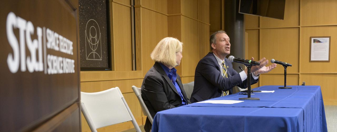 NASA Deputy Administrator Pam Melroy, left, and NASA Associate Administrator for the Science Mission Directorate Thomas Zurbuchen give remarks during a briefing, Wednesday, June 29, 2022, at the Space Telescope Science Institute (STScI) in Baltimore. The briefing focused on the status of NASA’s James Webb Space Telescope in its final weeks of preparing for its science mission, as well as overviews of planned science for Webb’s first year of operations. Photo Credit: (NASA/Bill Ingalls)