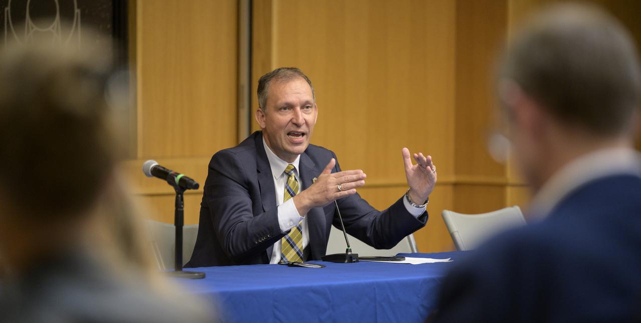 NASA Associate Administrator for the Science Mission Directorate Thomas Zurbuchen gives remarks during a briefing, Wednesday, June 29, 2022, at the Space Telescope Science Institute (STScI) in Baltimore. The briefing focused on the status of NASA’s James Webb Space Telescope in its final weeks of preparing for its science mission, as well as overviews of planned science for Webb’s first year of operations. Photo Credit: (NASA/Bill Ingalls)