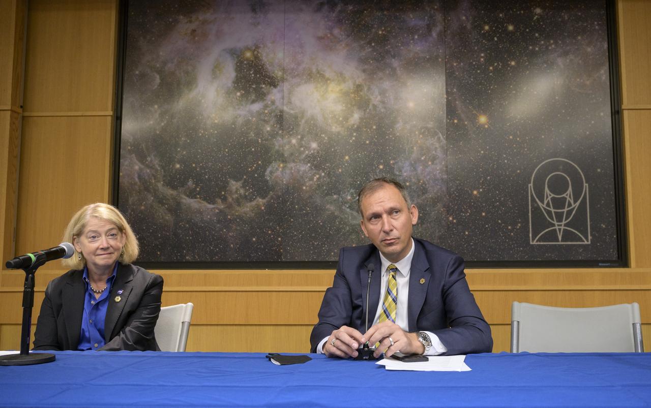 NASA Deputy Administrator Pam Melroy, left, and NASA Associate Administrator for the Science Mission Directorate Thomas Zurbuchen give remarks during a briefing, Wednesday, June 29, 2022, at the Space Telescope Science Institute (STScI) in Baltimore. The briefing focused on the status of NASA’s James Webb Space Telescope in its final weeks of preparing for its science mission, as well as overviews of planned science for Webb’s first year of operations. Photo Credit: (NASA/Bill Ingalls)