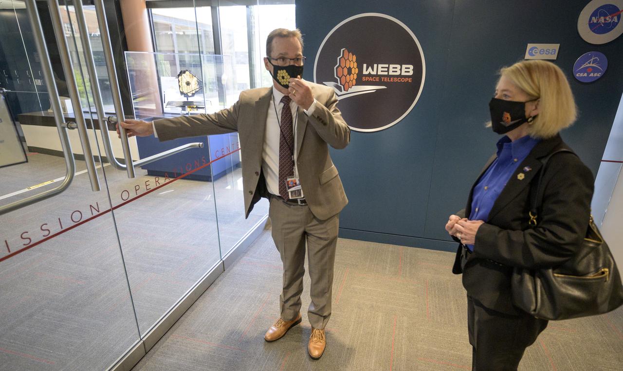 Space Telescope Science Institute (STScI) Director Kenneth Sembach, left, gives NASA Deputy Administrator Pam Melroy a tour of the NASA James Webb Space Telescope Mission Operations Center, Wednesday, June 29, 2022, at the Space Telescope Science Institute (STScI) in Baltimore. Prior to the tour the two spoke at a briefing that focused on the status of NASA’s James Webb Space Telescope in its final weeks of preparing for its science mission, as well as overviews of planned science for Webb’s first year of operations. Photo Credit: (NASA/Bill Ingalls)