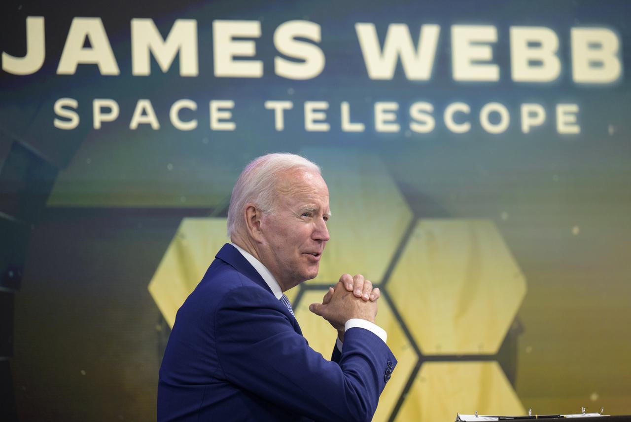 U.S. President Joe Biden listens to NASA experts as he previews the first full-color image from NASA’s James Webb Space Telescope, the highest-resolution image of the infrared universe in history, Monday, July 11, 2022, in the South Court Auditorium in the Eisenhower Executive Office Building on the White House complex in Washington. Photo Credit: (NASA/Bill Ingalls)
