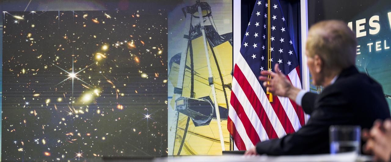 NASA Administrator Bill Nelson describes the first full-color image from NASA’s James Webb Space Telescope, the highest-resolution image of the infrared universe in history, during a preview event with U.S. President Joe Biden and Vice President Kamala Harris, Monday, July 11, 2022, in the South Court Auditorium in the Eisenhower Executive Office Building on the White House complex in Washington. Photo Credit: (NASA/Bill Ingalls)