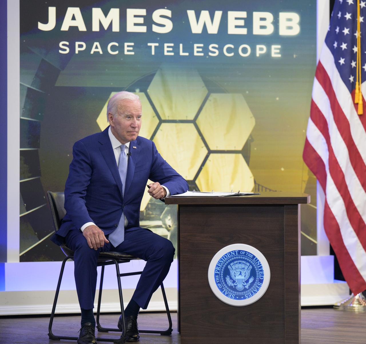 U.S. President Joe Biden talks with NASA Administrator Bill Nelson in a meeting where they previewed images from NASA’s James Webb Space Telescope, Monday, July 11, 2022, in the South Court Auditorium in the Eisenhower Executive Office Building on the White House complex in Washington. Photo Credit: (NASA/Bill Ingalls)