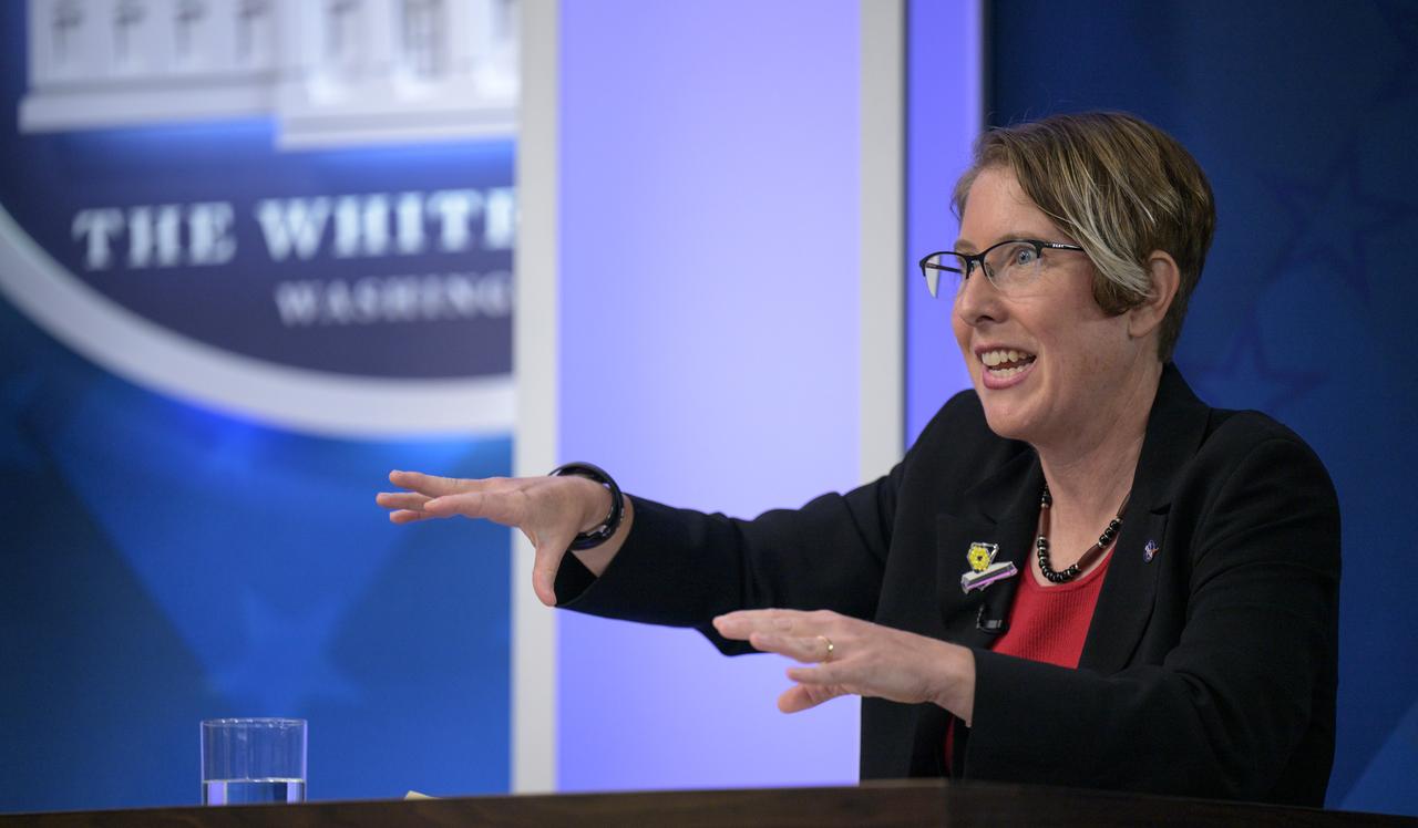 NASA James Webb Space Telescope Operations Project Scientist Jane Rigby talks with U.S. President Joe Biden in a meeting where they previewed images from NASA’s James Webb Space Telescope, Monday, July 11, 2022, in the South Court Auditorium in the Eisenhower Executive Office Building on the White House complex in Washington. Photo Credit: (NASA/Bill Ingalls)