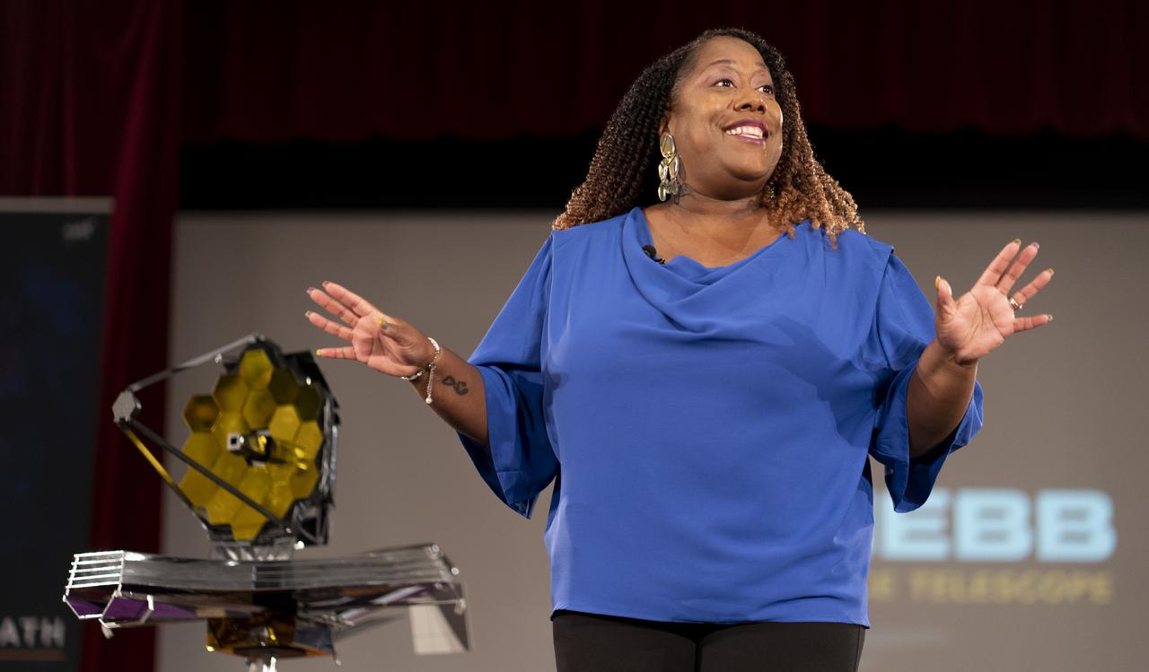Michelle Jones, Chief of the Office of Communications at NASA's Goddard Space Flight Center, delivers remarks ahead of the release of the first images from NASA’s James Webb Space Telescope, Tuesday, July 12, 2022, at NASA’s Goddard Space Flight Center in Greenbelt, Md.  The first full-color images and spectroscopic data from the James Webb Space Telescope, a partnership with ESA (European Space Agency) and the Canadian Space Agency (CSA), are a demonstration of the power of Webb as the telescope begins its science mission to unfold the infrared universe. Photo Credit: (NASA/Taylor Mickal)