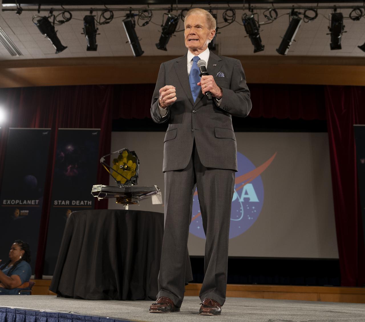 NASA Administrator Bill Nelson delivers remarks ahead of the release of the first images from NASA’s James Webb Space Telescope, Tuesday, July 12, 2022, at NASA’s Goddard Space Flight Center in Greenbelt, Md.  The first full-color images and spectroscopic data from the James Webb Space Telescope, a partnership with ESA (European Space Agency) and the Canadian Space Agency (CSA), are a demonstration of the power of Webb as the telescope begins its science mission to unfold the infrared universe. Photo Credit: (NASA/Taylor Mickal)
