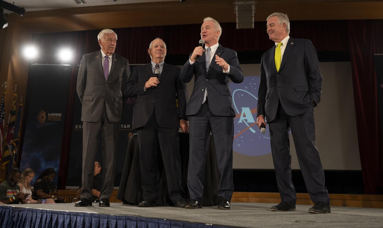 Rep. Steny Hoyer, D-Md, left, Sen. Ben Cardin, D-Md., second from left, and Rep. David Trone, D-Md, right, are seen as Sen. Chris Van Hollen, D-Md., second from right, delivers remarks ahead of the release of the first images from NASA’s James Webb Space Telescope, Tuesday, July 12, 2022, at NASA’s Goddard Space Flight Center in Greenbelt, Md.  The first full-color images and spectroscopic data from the James Webb Space Telescope, a partnership with ESA (European Space Agency) and the Canadian Space Agency (CSA), are a demonstration of the power of Webb as the telescope begins its science mission to unfold the infrared universe. Photo Credit: (NASA/Taylor Mickal)