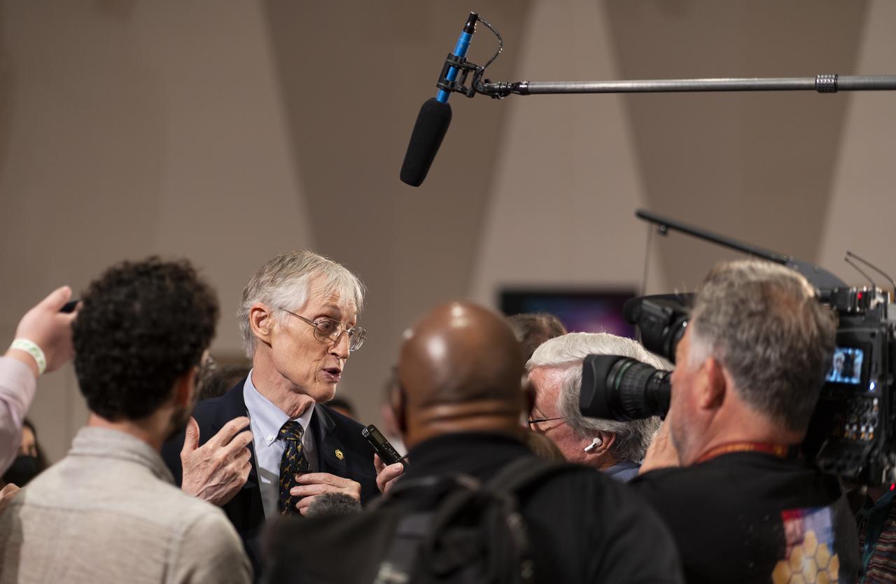 NASA James Webb Space Telescope Senior Project Scientist John Mather speaks with members of the media following the release of the first full-color images from NASA’s James Webb Space Telescope, Tuesday, July 12, 2022, at NASA’s Goddard Space Flight Center in Greenbelt, Md.  The first full-color images and spectroscopic data from the James Webb Space Telescope, a partnership with ESA (European Space Agency) and the Canadian Space Agency (CSA), are a demonstration of the power of Webb as the telescope begins its science mission to unfold the infrared universe. Photo Credit: (NASA/Taylor Mickal)