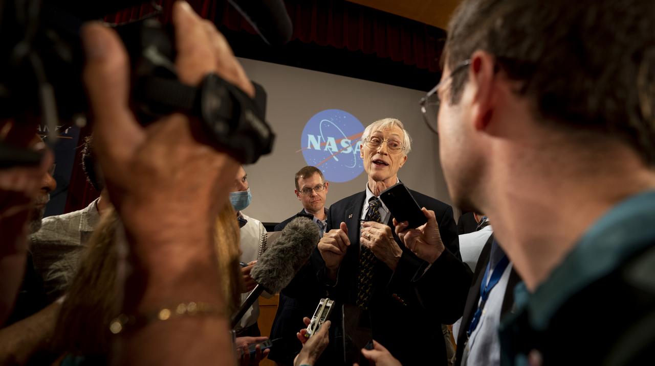 NASA James Webb Space Telescope Senior Project Scientist John Mather speaks with members of the media following the release of the first full-color images from NASA’s James Webb Space Telescope, Tuesday, July 12, 2022, at NASA’s Goddard Space Flight Center in Greenbelt, Md.  The first full-color images and spectroscopic data from the James Webb Space Telescope, a partnership with ESA (European Space Agency) and the Canadian Space Agency (CSA), are a demonstration of the power of Webb as the telescope begins its science mission to unfold the infrared universe. Photo Credit: (NASA/Taylor Mickal)
