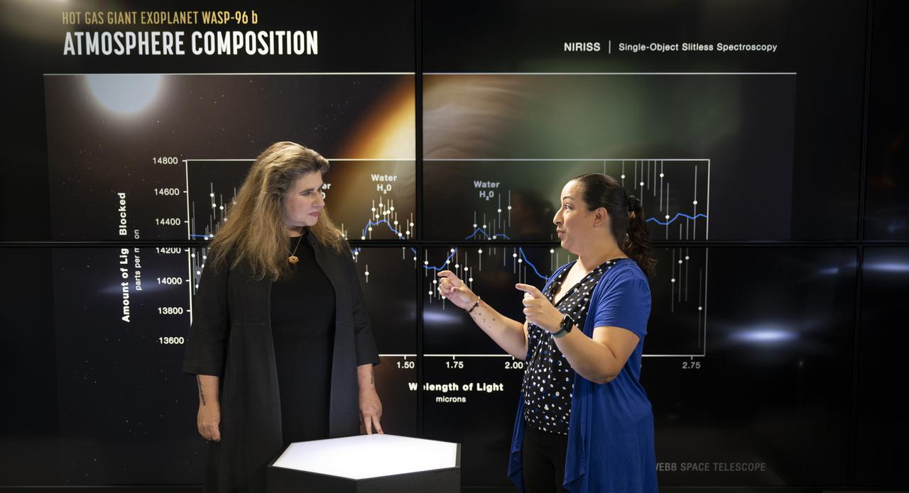 NASA James Webb Space Telescope Deputy Project Scientist for Exoplanet Science Knicole Colón speaks about the measurements of exoplanet WASP-96 b taken by the Near-Infrared Imager and Slitless Spectrograph as it is shown on screen during a broadcast releasing the telescope’s first full-color images, Tuesday, July 12, 2022, at NASA’s Goddard Space Flight Center in Greenbelt, Md.  The first full-color images and spectroscopic data from the James Webb Space Telescope, a partnership with ESA (European Space Agency) and the Canadian Space Agency (CSA), are a demonstration of the power of Webb as the telescope begins its science mission to unfold the infrared universe. Photo Credit: (NASA/Bill Ingalls)