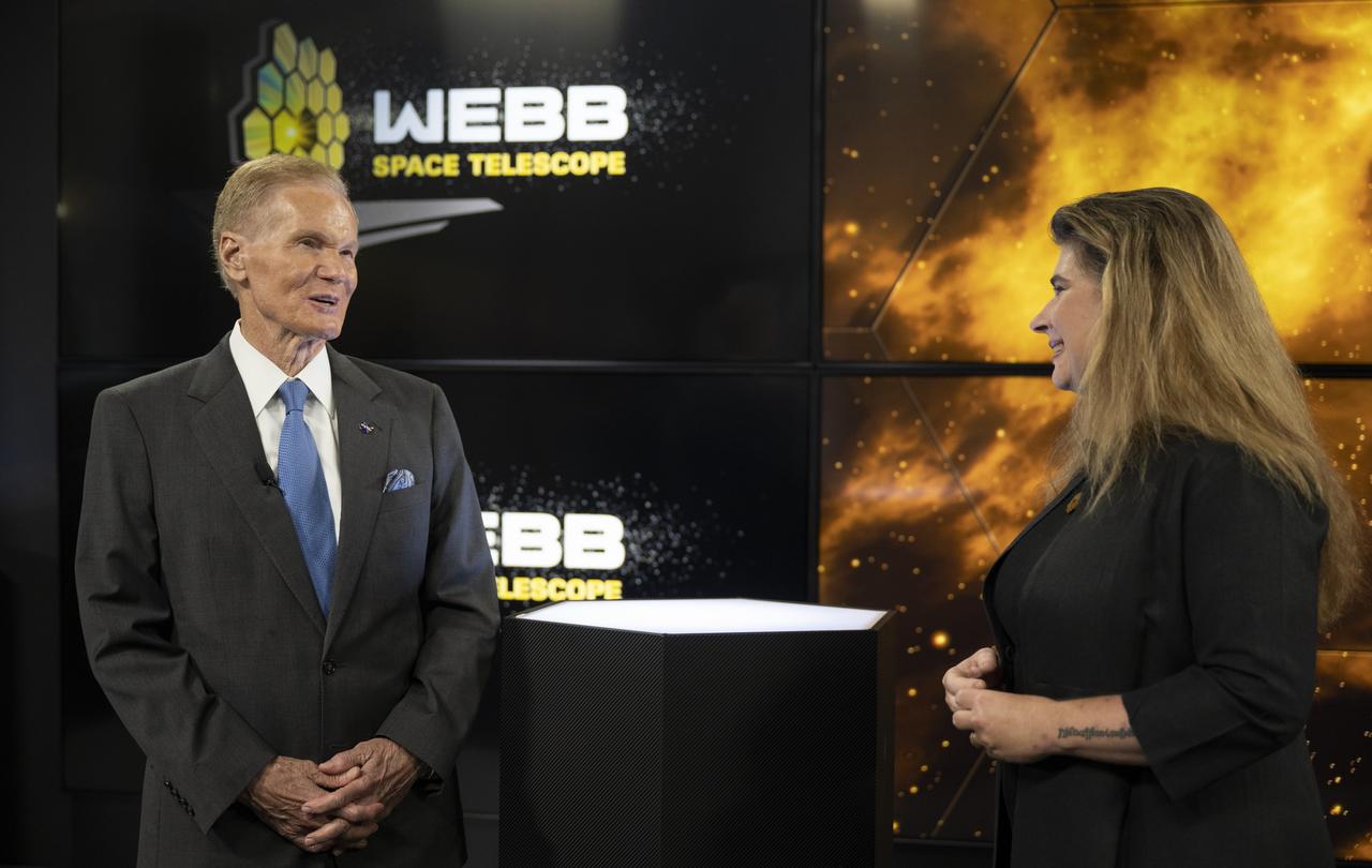 NASA Administrator Bill Nelson, left, speaks with Assistant Director of Science at NASA's Goddard Space Flight Center Michelle Thaller, right, during a broadcast releasing the first full-color images from NASA's James Webb Space Telescope, Tuesday, July 12, 2022, at NASA’s Goddard Space Flight Center in Greenbelt, Md.  The first full-color images and spectroscopic data from the James Webb Space Telescope, a partnership with ESA (European Space Agency) and the Canadian Space Agency (CSA), are a demonstration of the power of Webb as the telescope begins its science mission to unfold the infrared universe. Photo Credit: (NASA/Bill Ingalls)