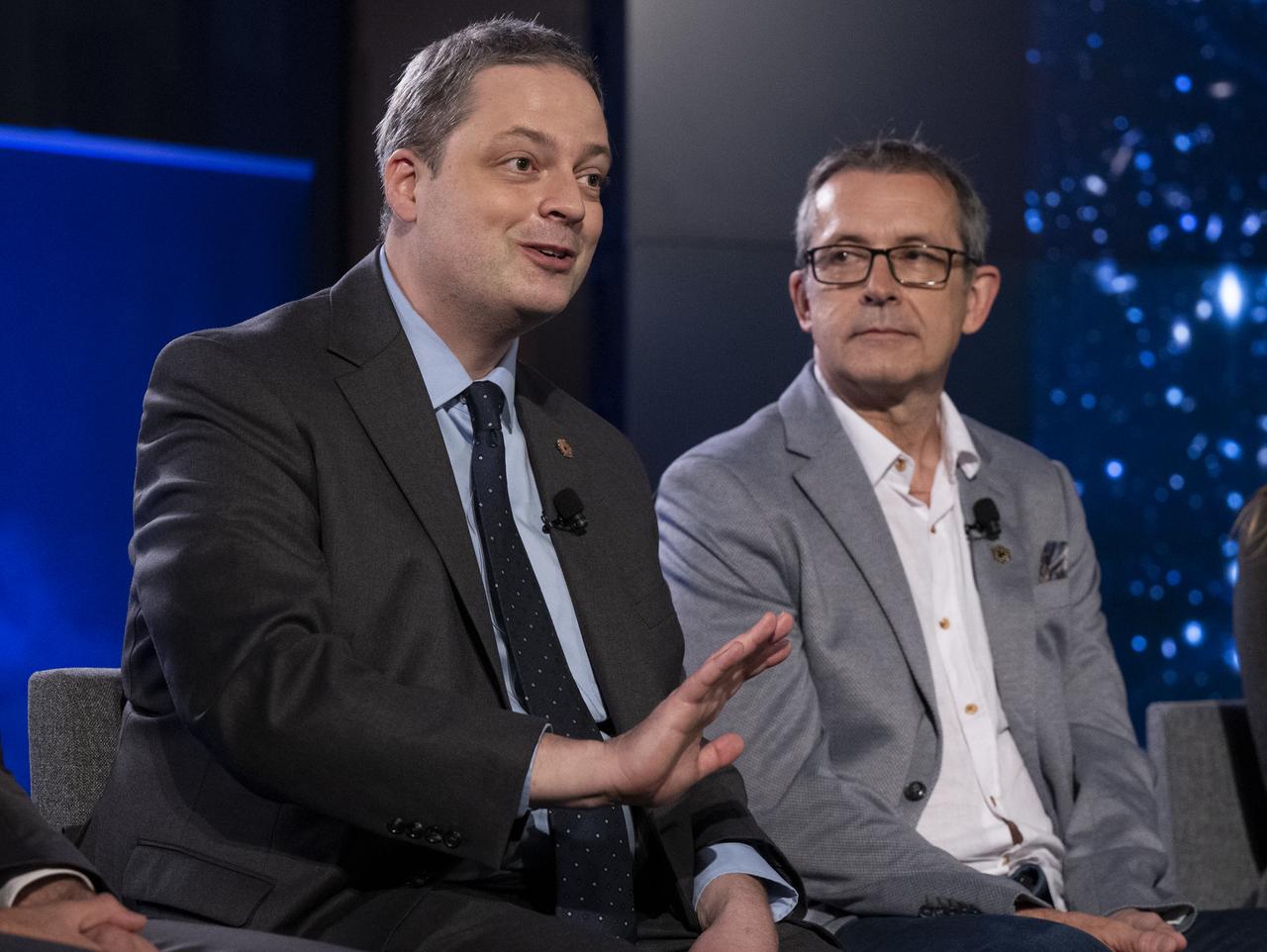 NASA James Webb Space Telescope project scientist, Space Telescope Science Institute, Klaus Pontoppidan, left, answers a question from a member of the media alongside Principal Investigator for the Canadian Near-Infrared Imager and Slitless Spectrograph at the University of Montreal René Doyon, during a briefing following the release of the first full-color images from NASA’s James Webb Space Telescope, Tuesday, July 12, 2022, at NASA’s Goddard Space Flight Center in Greenbelt, Md. The first full-color images and spectroscopic data from the James Webb Space Telescope, a partnership with ESA (European Space Agency) and the Canadian Space Agency (CSA), are a demonstration of the power of Webb as the telescope begins its science mission to unfold the infrared universe. Photo Credit: (NASA/Bill Ingalls)