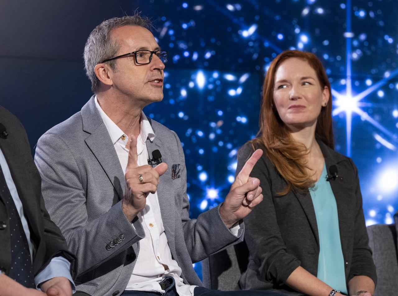 Principal Investigator for the Canadian Near-Infrared Imager and Slitless Spectrograph at the University of Montreal René Doyon, left, answers a question from a member of the media alongside NASA James Webb Space Telescope Deputy Project Scientist for Communications Amber Straughn during a briefing following the release of the first full-color images from NASA’s James Webb Space Telescope, Tuesday, July 12, 2022, at NASA’s Goddard Space Flight Center in Greenbelt, Md.  The first full-color images and spectroscopic data from the James Webb Space Telescope, a partnership with ESA (European Space Agency) and the Canadian Space Agency (CSA), are a demonstration of the power of Webb as the telescope begins its science mission to unfold the infrared universe. Photo Credit: (NASA/Bill Ingalls)