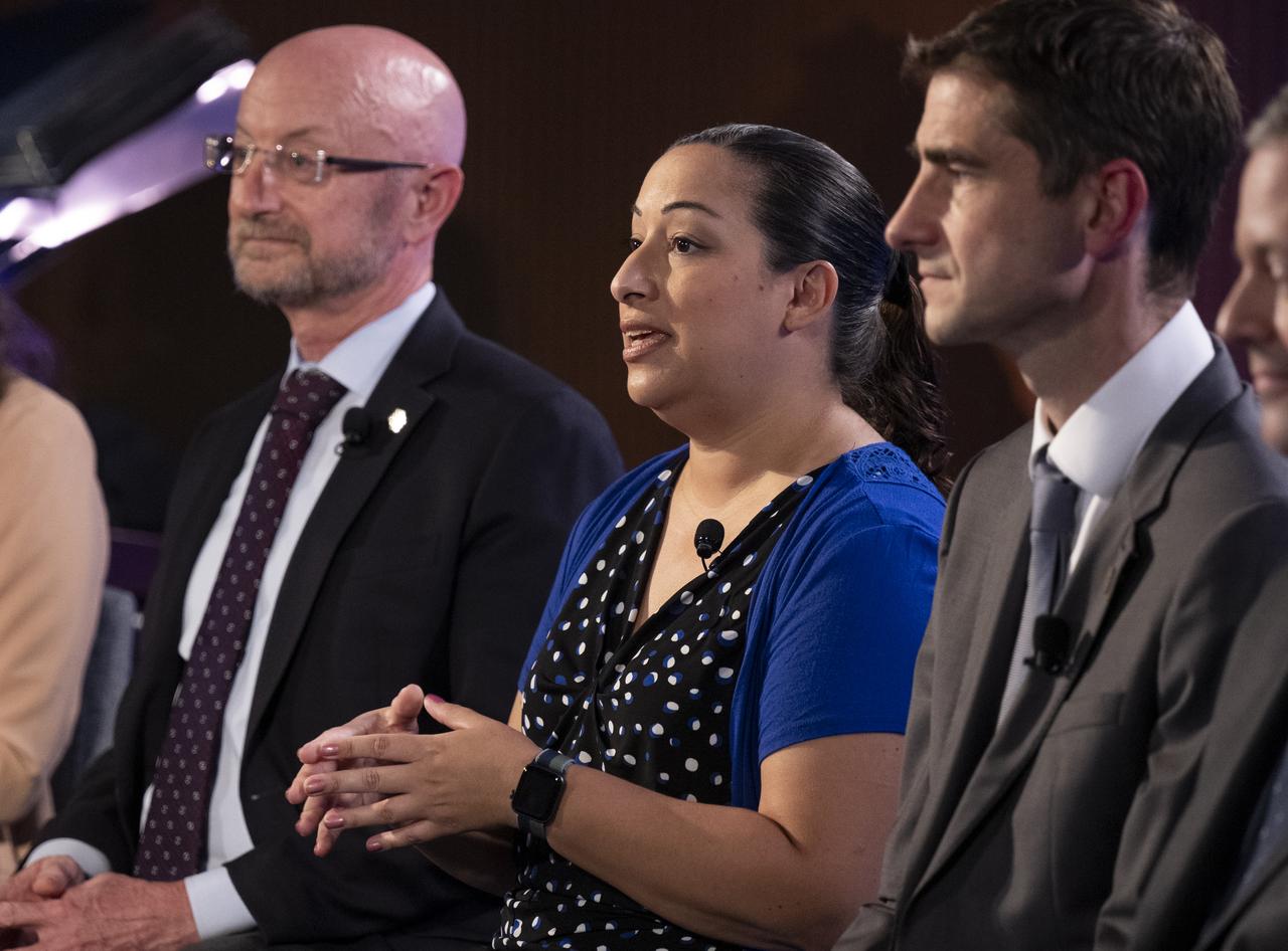 NASA James Webb Space Telescope Deputy Project Scientist for Exoplanet Science Knicole Colón, center, answers a question from a member of the media alongside NASA James Webb Space Telescope Program Scientist and Astrophysics Division Chief Scientist Eric Smith, left, and NASA James Webb Space Telescope Project Scientist at ESA (European Space Agency) Christopher Evans, during a briefing following the release of the first full-color images from NASA’s James Webb Space Telescope, Tuesday, July 12, 2022, at NASA’s Goddard Space Flight Center in Greenbelt, Md. The first full-color images and spectroscopic data from the James Webb Space Telescope, a partnership with ESA (European Space Agency) and the Canadian Space Agency (CSA), are a demonstration of the power of Webb as the telescope begins its science mission to unfold the infrared universe. Photo Credit: (NASA/Bill Ingalls)