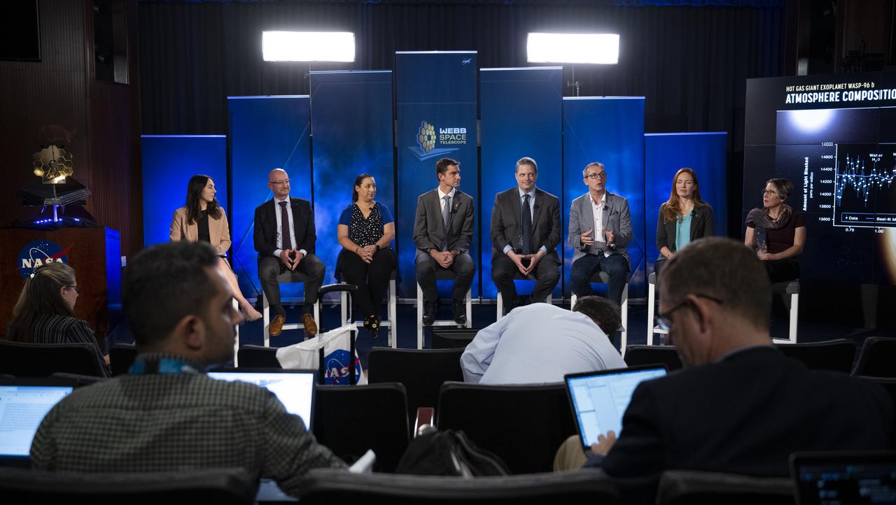 NASA Public Affairs Officer Alise Fisher, left, NASA James Webb Space Telescope Program Scientist and Astrophysics Division Chief Scientist Eric Smith, second from left, NASA James Webb Space Telescope Deputy Project Scientist for Exoplanet Science Knicole Colón, third from left, NASA James Webb Space Telescope Project Scientist at ESA (European Space Agency) Christopher Evans, fourth from left, NASA James Webb Space Telescope Project Scientist, Space Telescope Science Institute, Klaus Pontoppidan, fourth from right, Principal Investigator for the Canadian Near-Infrared Imager and Slitless Spectrograph at the University of Montreal René Doyon, third from right, NASA James Webb Space Telescope Deputy Project Scientist for Communications Amber Straughn, second from right, and NASA James Webb Space Telescope Operations Project Scientist Jane Rigby, right, during a briefing following the release of the first full-color images from NASA’s James Webb Space Telescope, Tuesday, July 12, 2022, at NASA’s Goddard Space Flight Center in Greenbelt, Md.  The first full-color images and spectroscopic data from the James Webb Space Telescope, a partnership with ESA (European Space Agency) and the Canadian Space Agency (CSA), are a demonstration of the power of Webb as the telescope begins its science mission to unfold the infrared universe. Photo Credit: (NASA/Bill Ingalls)