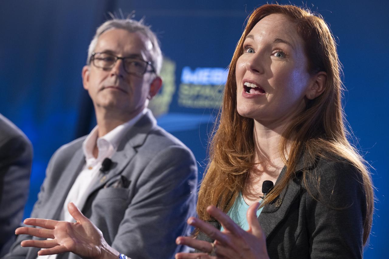 NASA James Webb Space Telescope Deputy Project Scientist for Communications Amber Straughn, right, answers a question from a member of the media alongside Principal Investigator for the Canadian Near-Infrared Imager and Slitless Spectrograph at the University of Montreal René Doyon during a briefing following the release of the first full-color images from NASA’s James Webb Space Telescope, Tuesday, July 12, 2022, at NASA’s Goddard Space Flight Center in Greenbelt, Md. The first full-color images and spectroscopic data from the James Webb Space Telescope, a partnership with ESA (European Space Agency) and the Canadian Space Agency (CSA), are a demonstration of the power of Webb as the telescope begins its science mission to unfold the infrared universe. Photo Credit: (NASA/Bill Ingalls)