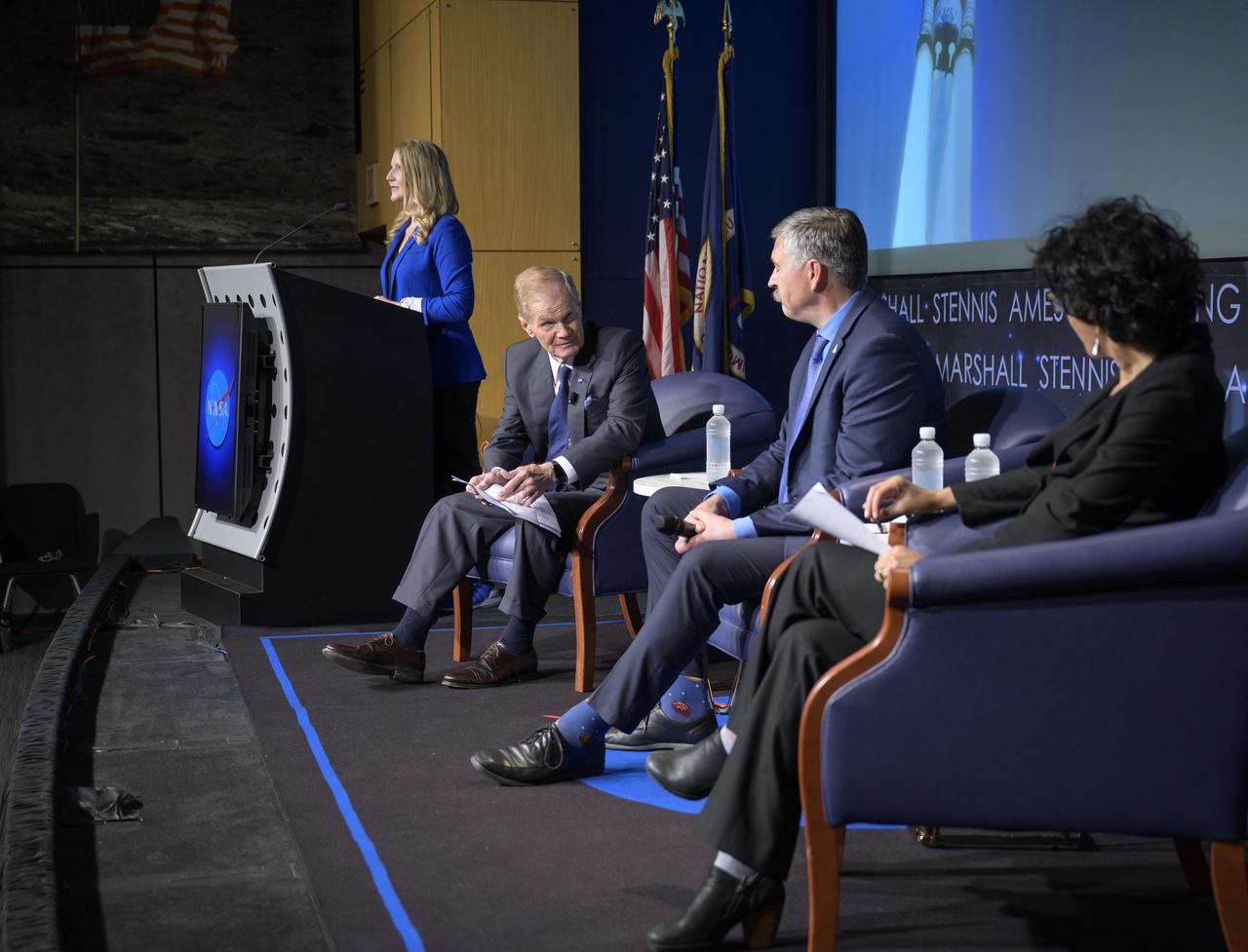Stephanie Schierholz, a press secretary at NASA Headquarters, left, moderates a NASA briefing on the Artemis I Moon mission, with NASA Administrator Bill Nelson, Mike Sarafin, Artemis I mission manager at NASA Headquarters, and Bhavya Lal, associate administrator for technology, policy, and strategy at NASA Headquarters, right, Wednesday, Aug. 3, 2022, at the Mary W. Jackson NASA Headquarters building in Washington. Also participating remotely were Charlie Blackwell-Thompson, Artemis I launch director at NASA's Kennedy Space Center, John Honeycutt, Space Launch System (SLS) program manager at NASA's Marshall Space Flight Center, and Howard Hu, Orion program manager at NASA's Johnson Space Center. NASA’s Artemis I mission is the first integrated test of the agency’s deep space exploration systems: the Orion spacecraft, Space Launch System rocket, and supporting ground systems. Launch of the uncrewed flight test is targeted for no earlier than Monday, Aug. 29. Photo Credit: (NASA/Bill Ingalls)