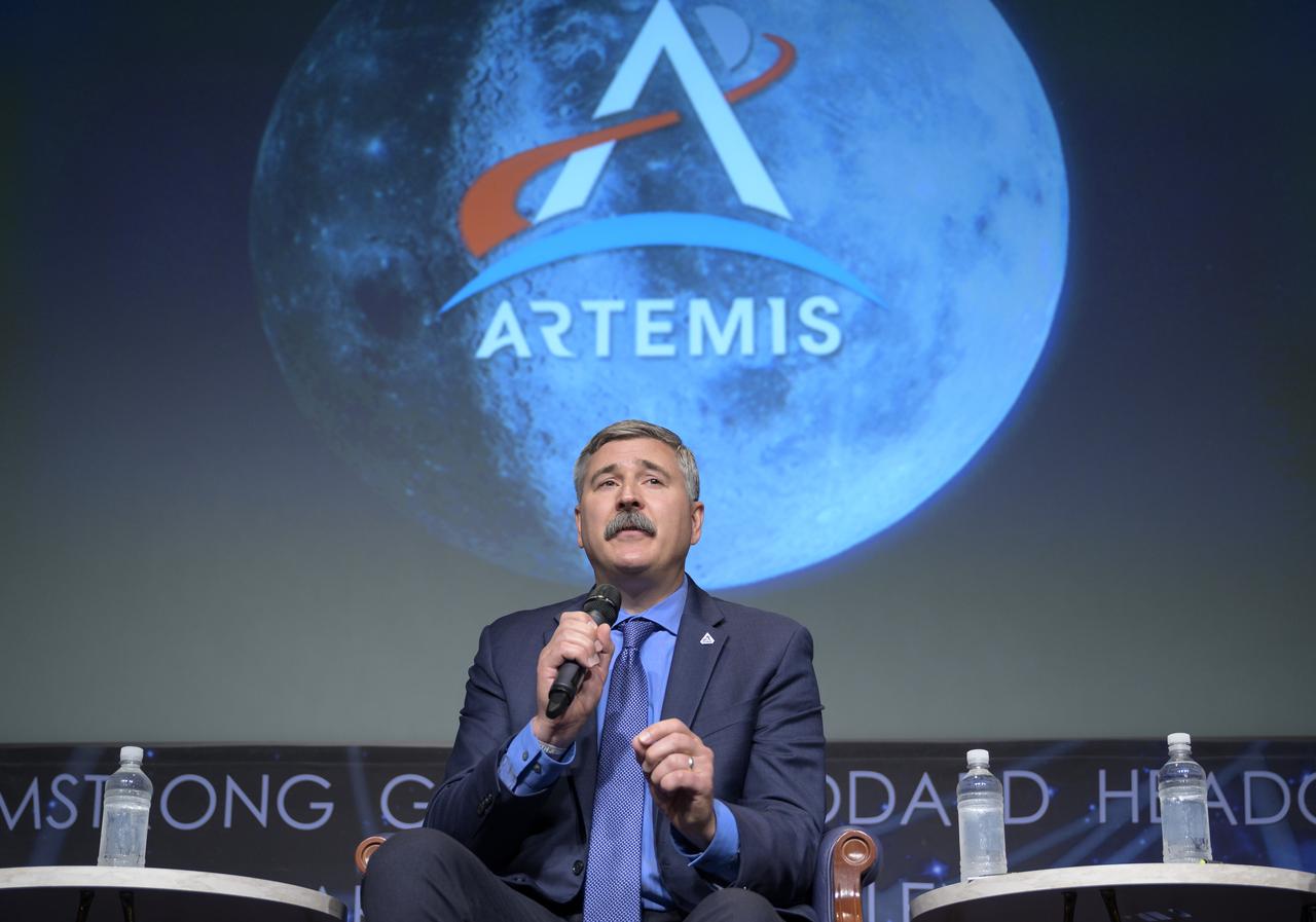 Mike Sarafin, Artemis I mission manager at NASA Headquarters speaks during a NASA briefing on the Artemis I Moon mission, Wednesday, Aug. 3, 2022, at the Mary W. Jackson NASA Headquarters building in Washington. NASA’s Artemis I mission is the first integrated test of the agency’s deep space exploration systems: the Orion spacecraft, Space Launch System rocket, and supporting ground systems. Launch of the uncrewed flight test is targeted for no earlier than Monday, Aug. 29. Photo Credit: (NASA/Bill Ingalls)