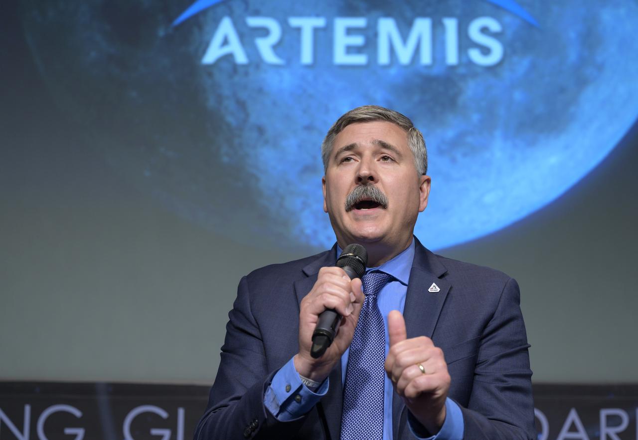 Mike Sarafin, Artemis I mission manager at NASA Headquarters speaks during a NASA briefing on the Artemis I Moon mission, Wednesday, Aug. 3, 2022, at the Mary W. Jackson NASA Headquarters building in Washington. NASA’s Artemis I mission is the first integrated test of the agency’s deep space exploration systems: the Orion spacecraft, Space Launch System rocket, and supporting ground systems. Launch of the uncrewed flight test is targeted for no earlier than Monday, Aug. 29. Photo Credit: (NASA/Bill Ingalls)