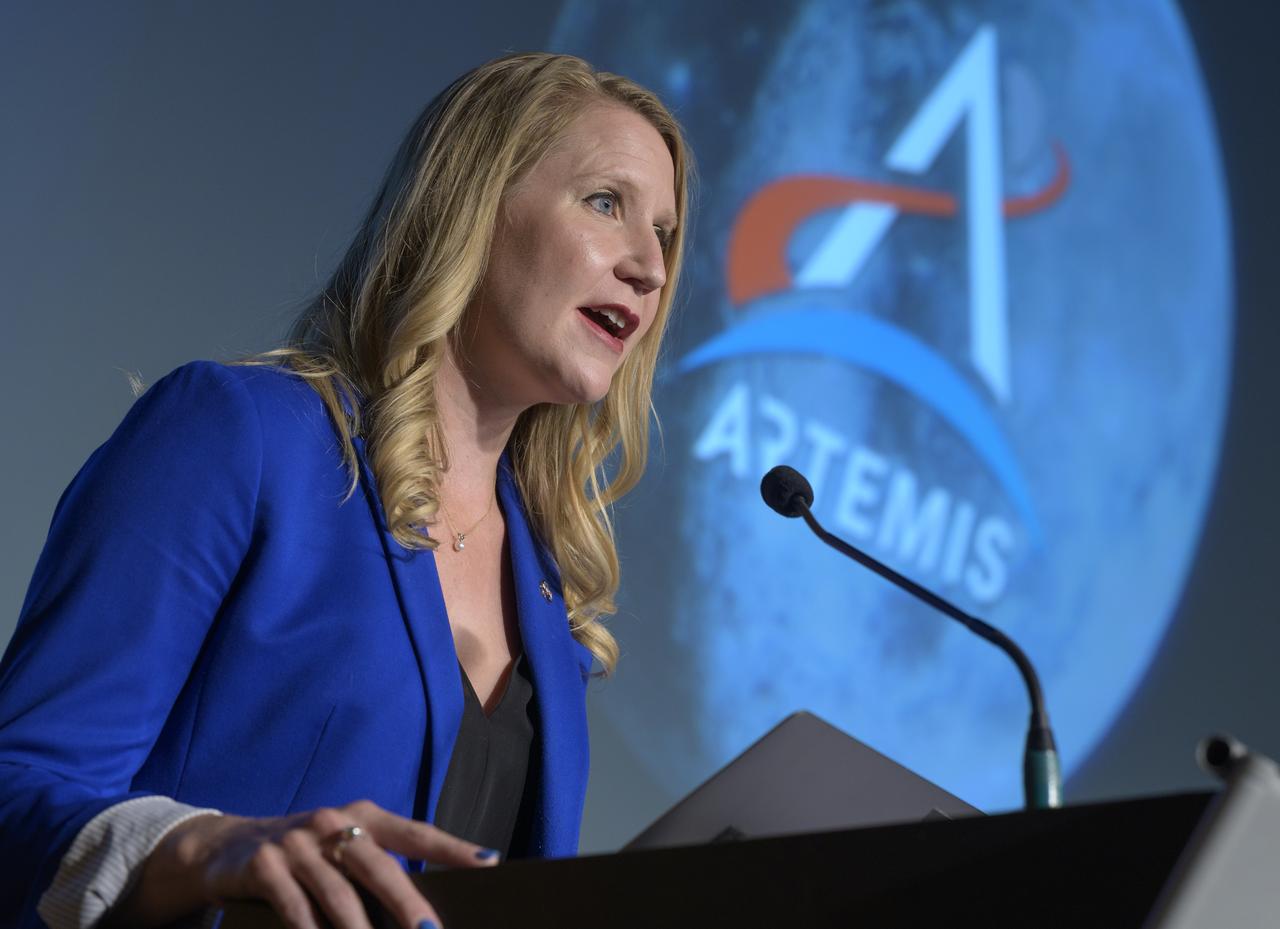 Stephanie Schierholz, a press secretary at NASA Headquarters, moderates a NASA briefing on the Artemis I Moon mission, Wednesday, Aug. 3, 2022, at the Mary W. Jackson NASA Headquarters building in Washington. NASA’s Artemis I mission is the first integrated test of the agency’s deep space exploration systems: the Orion spacecraft, Space Launch System rocket, and supporting ground systems. Launch of the uncrewed flight test is targeted for no earlier than Monday, Aug. 29. Photo Credit: (NASA/Bill Ingalls)