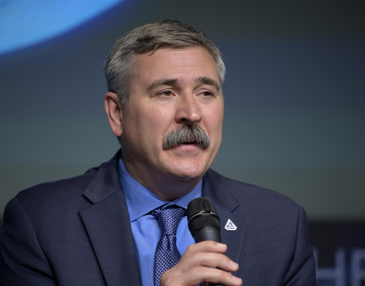 Mike Sarafin, Artemis I mission manager at NASA Headquarters speaks during a NASA briefing on the Artemis I Moon mission, Wednesday, Aug. 3, 2022, at the Mary W. Jackson NASA Headquarters building in Washington. NASA’s Artemis I mission is the first integrated test of the agency’s deep space exploration systems: the Orion spacecraft, Space Launch System rocket, and supporting ground systems. Launch of the uncrewed flight test is targeted for no earlier than Monday, Aug. 29. Photo Credit: (NASA/Bill Ingalls)