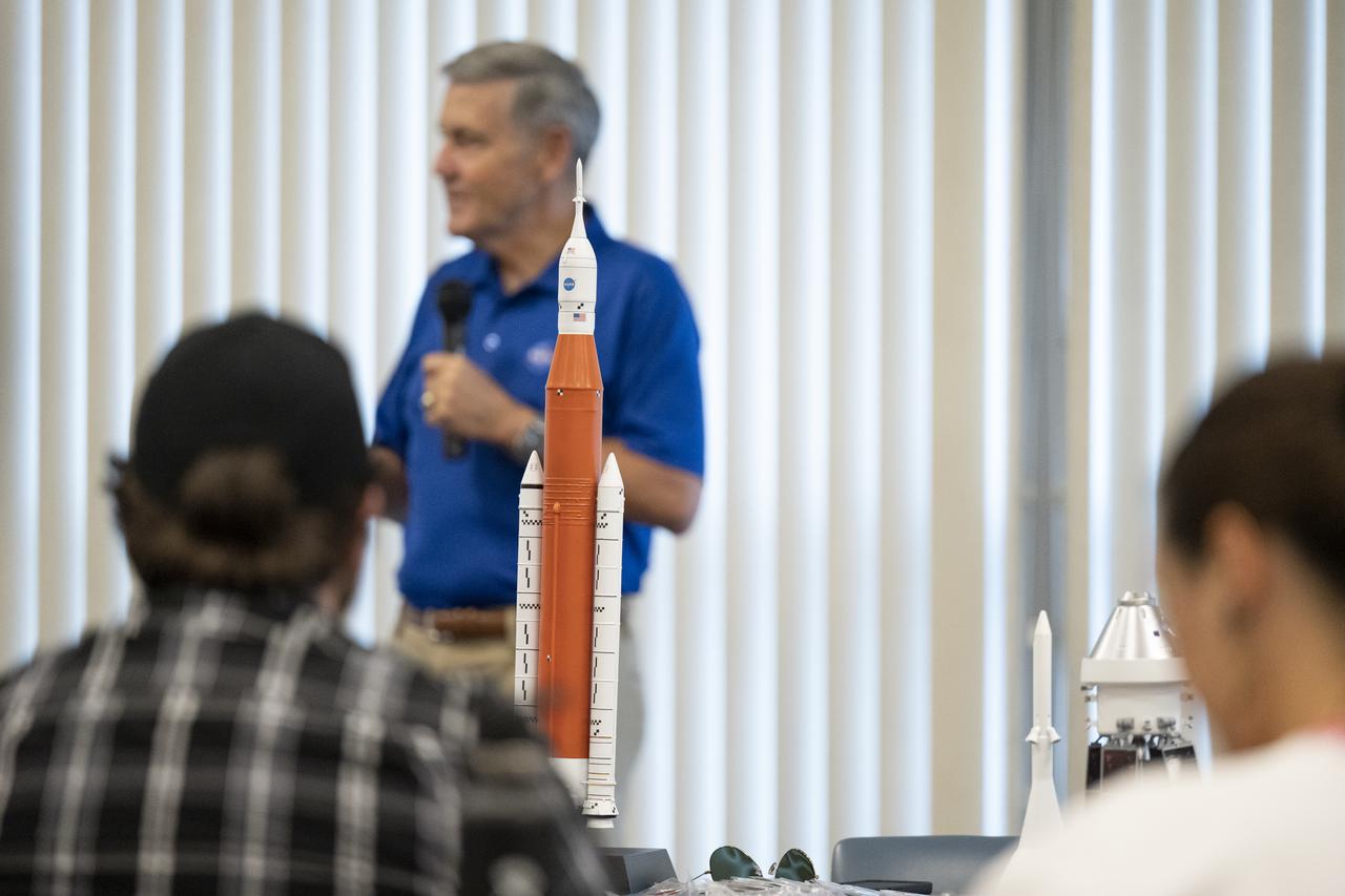 NASA Associate Administrator Bob Cabana delivers remarks during a panel discussion with NASA Social attendees, Saturday, Aug. 27, 2022, at the Space Station Processing Facility at NASA’s Kennedy Space Center in Florida. NASA’s Artemis I flight test is the first integrated flight test of the agency’s deep space exploration systems: the Orion spacecraft, Space Launch System (SLS) rocket, and ground systems. Launch of the uncrewed flight test is targeted for no earlier than Aug. 29 at 8:33 a.m. ET. Photo Credit: (NASA/Keegan Barber)