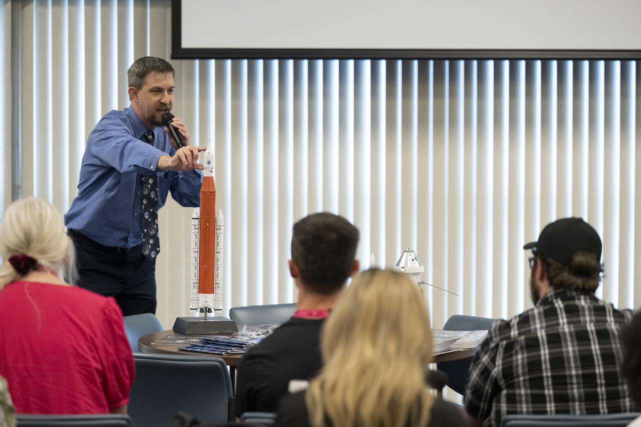 Program Planner for the Orion Spacecraft at Lockheed Martin Space Barry Bohnsack delivers remarks during a panel discussion with NASA Social attendees, Saturday, Aug. 27, 2022, at the Space Station Processing Facility at NASA’s Kennedy Space Center in Florida. NASA’s Artemis I flight test is the first integrated flight test of the agency’s deep space exploration systems: the Orion spacecraft, Space Launch System (SLS) rocket, and ground systems. Launch of the uncrewed flight test is targeted for no earlier than Aug. 29 at 8:33 a.m. ET. Photo Credit: (NASA/Keegan Barber)