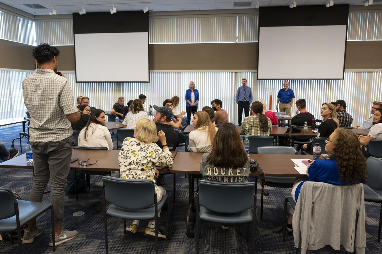 NASA leadership answers questions during a panel discussion with NASA Social attendees, Saturday, Aug. 27, 2022, at the Space Station Processing Facility at NASA’s Kennedy Space Center in Florida. NASA’s Artemis I flight test is the first integrated flight test of the agency’s deep space exploration systems: the Orion spacecraft, Space Launch System (SLS) rocket, and ground systems. Launch of the uncrewed flight test is targeted for no earlier than Aug. 29 at 8:33 a.m. ET. Photo Credit: (NASA/Keegan Barber)