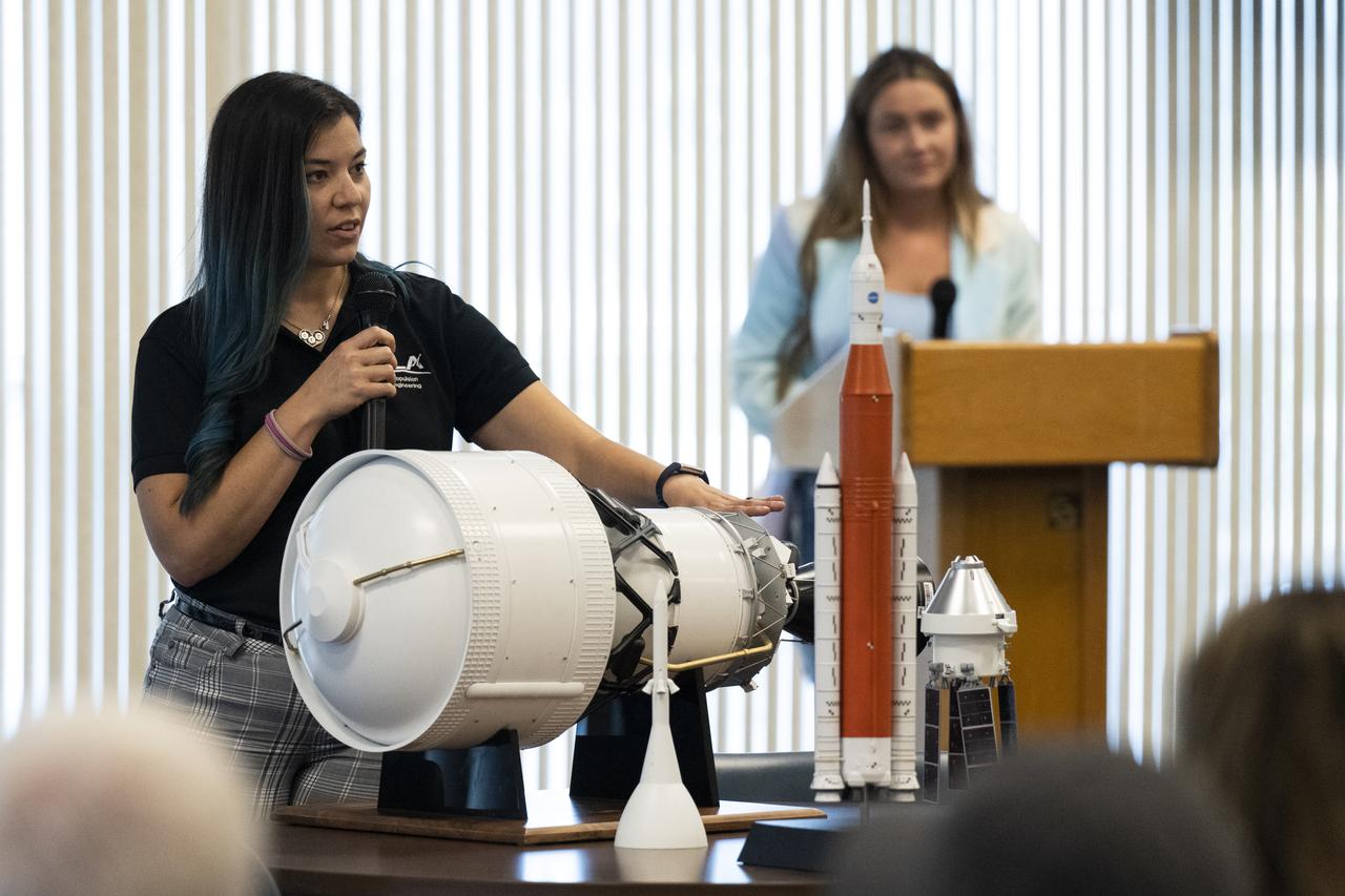 Interim Cryogenic Propulsive Stage (ICPS) Propulsion Lead at United Launch Alliance Julia Paez  delivers remarks during a panel discussion with NASA Social attendees, Saturday, Aug. 27, 2022, at the Space Station Processing Facility at NASA’s Kennedy Space Center in Florida. NASA’s Artemis I flight test is the first integrated flight test of the agency’s deep space exploration systems: the Orion spacecraft, Space Launch System (SLS) rocket, and ground systems. Launch of the uncrewed flight test is targeted for no earlier than Aug. 29 at 8:33 a.m. ET. Photo Credit: (NASA/Keegan Barber)