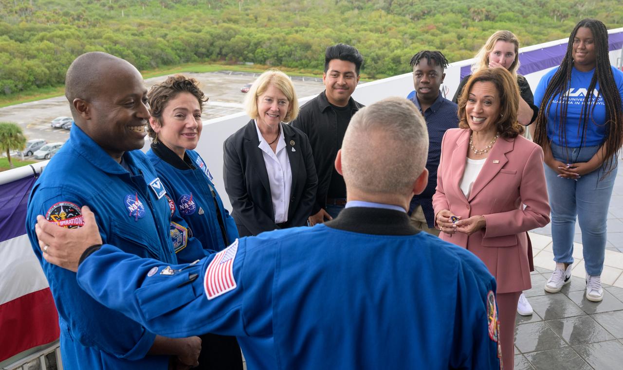 Vice President Kamala Harris and Second Gentleman Doug Emhoff meet with NASA astronaut Randy Bresnik, NASA astronaut candidate Andre Douglas, NASA astronaut Jessica Meir, NASA Deputy Administrator Pam Melroy, and NASA STEM interns, Monday, Aug. 29, 2022, at the Operations and Support Building II at NASA’s Kennedy Space Center in Florida. The Vice President was to watch the launch of NASA’s Space Launch System rocket carrying the Orion spacecraft on the Artemis I flight test, however the launch attempt was halted at approximately 8:30 a.m. ET. Photo Credit: (NASA/Bill Ingalls)