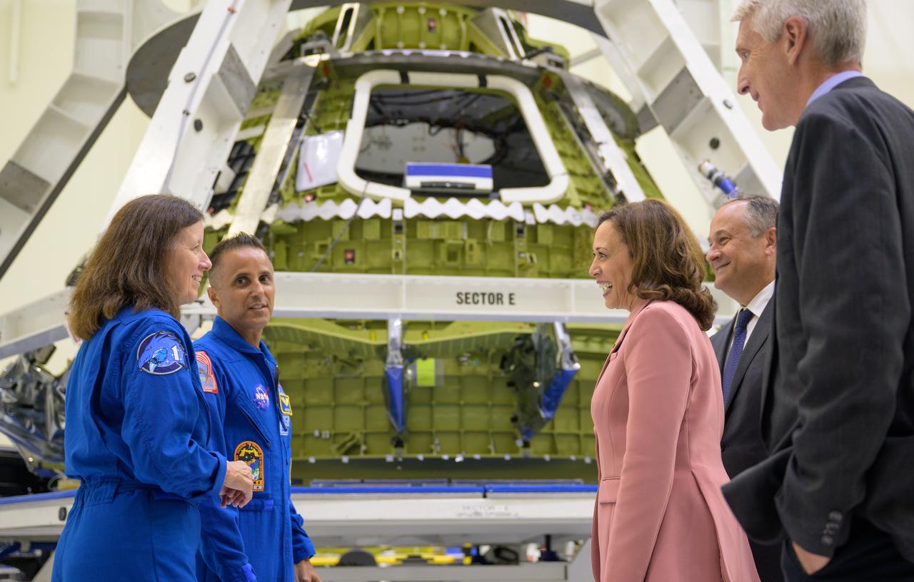 Vice President Kamala Harris meets with NASA astronauts Shannon Walker and Joe Acaba and learned about the Artemis II flight crew module as Second Gentleman Doug Emhoff and Scott Wilson, NASA Kennedy Space Center, Manager of Production, during a tour, Monday, Aug. 29, 2022, at the Neil  A. Armstrong Operations and Checkout Building at NASA’s Kennedy Space Center in Florida. Photo Credit: (NASA/Bill Ingalls)