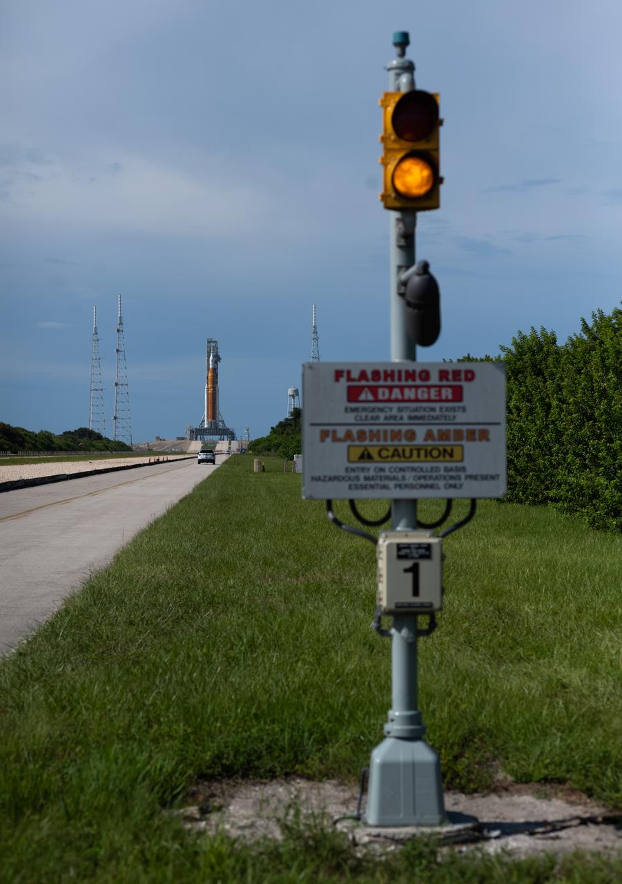 NASA’s Space Launch System (SLS) rocket with the Orion spacecraft aboard is seen atop the mobile launcher at Launch Pad 39B as preparations for launch continue, Friday, Sept. 2, 2022, at NASA’s Kennedy Space Center in Florida. NASA’s Artemis I flight test is the first integrated test of the agency’s deep space exploration systems: the Orion spacecraft, SLS rocket, and supporting ground systems. Launch of the uncrewed flight test is targeted for Sept. 3 at 2:17 p.m. EDT. Photo Credit: (NASA/Joel Kowsky)