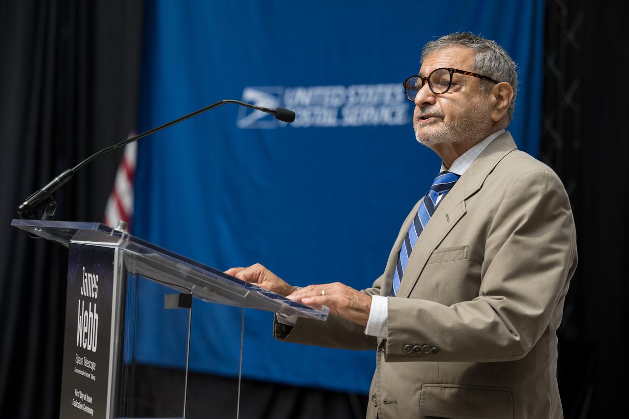 United States Postal Service Vice Chairman, Board of Governors, Anton Hajjar, provides remarks at the first-day-of-issue event for the United States Postal Service’s new stamp celebrating NASA’s James Webb Space Telescope (JWST) on Thursday, Sept. 8, 2022, at the Smithsonian’s National Postal Museum in Washington. The stamp, which features an illustration of the observatory, honors Webb’s mission to explore the unknown in our universe – solving mysteries in our solar system, looking beyond to distant worlds around other stars, and probing the structures and origins of our universe and our place in it. Photo Credit: (NASA/Aubrey Gemignani)