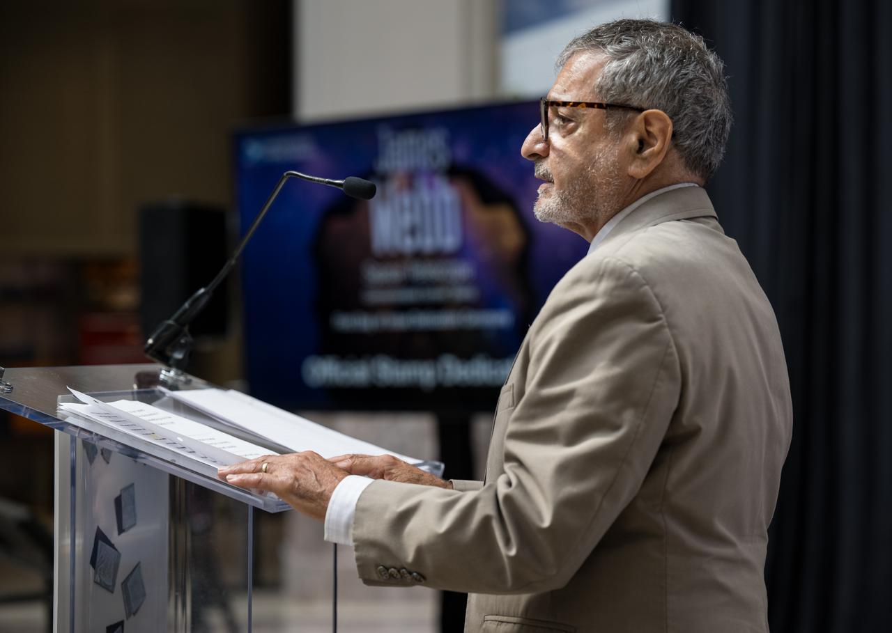 United States Postal Service Vice Chairman, Board of Governors, Anton Hajjar, provides remarks at the first-day-of-issue event for the United States Postal Service’s new stamp celebrating NASA’s James Webb Space Telescope (JWST) on Thursday, Sept. 8, 2022, at the Smithsonian’s National Postal Museum in Washington. The stamp, which features an illustration of the observatory, honors Webb’s mission to explore the unknown in our universe – solving mysteries in our solar system, looking beyond to distant worlds around other stars, and probing the structures and origins of our universe and our place in it. Photo Credit: (NASA/Aubrey Gemignani)
