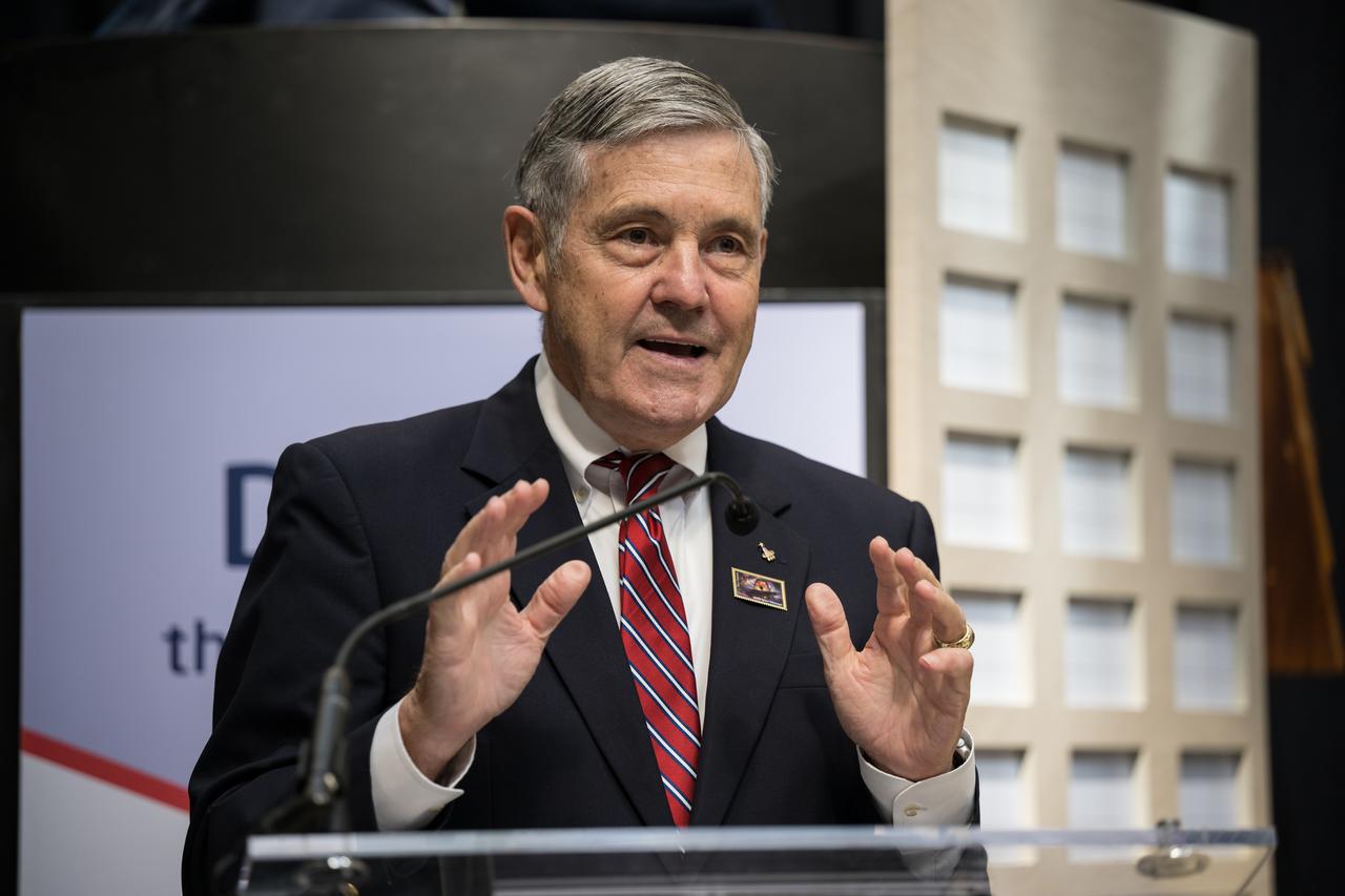 NASA Associate Administrator and former astronaut Bob Cabana provides remarks at the first-day-of-issue event for the United States Postal Service’s new stamp celebrating NASA’s James Webb Space Telescope (JWST) on Thursday, Sept. 8, 2022, at the Smithsonian’s National Postal Museum in Washington. The stamp, which features an illustration of the observatory, honors Webb’s mission to explore the unknown in our universe – solving mysteries in our solar system, looking beyond to distant worlds around other stars, and probing the structures and origins of our universe and our place in it. Photo Credit: (NASA/Aubrey Gemignani)